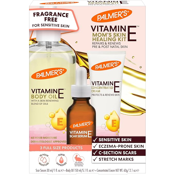 Palmer's Vitamin E Mom's Skin Healing Body Care Kit, Pregnancy and Postpartum Essentials Includes Body Oil, Scar Serum and Concentrated Body Cream