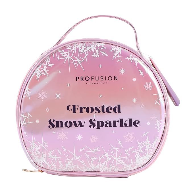 Profusion Cosmetics Frosted Snow Sparkle 19 PC Beauty Box, 1Pc Gorgeous Travel Bag, Eyeliner Pencil, Lip Gloss, Face Mist, 2Pc Lip Mask, 3 Pc Makeup Brushes and 3 Shade Face Palette, 8 Shade Palette