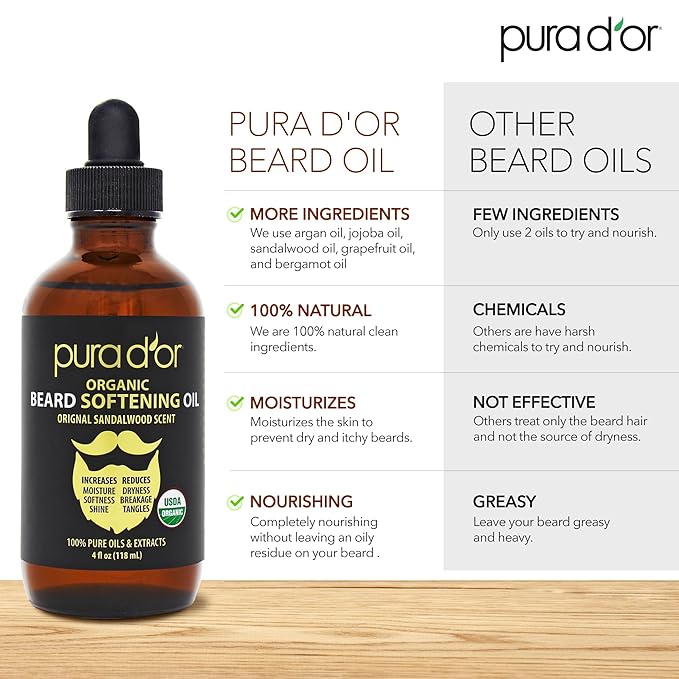 PURA D'OR 4 Oz ORGANIC Beard Softening Oil - Original Sandalwood Scent - Leave-In Conditioner, Argan & Jojoba Oil - Mustache Care & Maintenance, Increase Softness & Strength - Beard Hair, Skin & Face