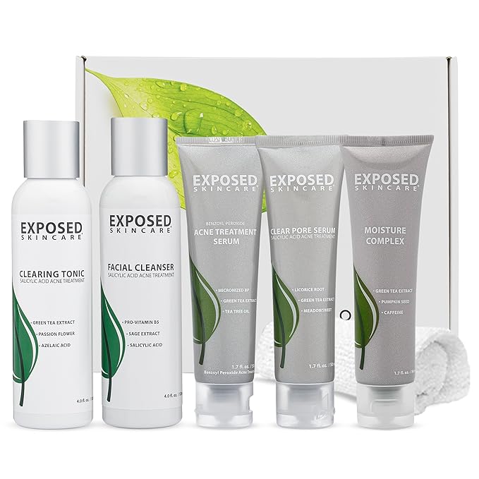 Exposed Skin Care Expanded Acne Treatment Kit - Includes Salicylic Acid Face Wash, Clearing Tonic, Treatment Serum with Benzoyl Peroxide, Clear Pore Serum, Moisture Complex - Made for All Skin Types