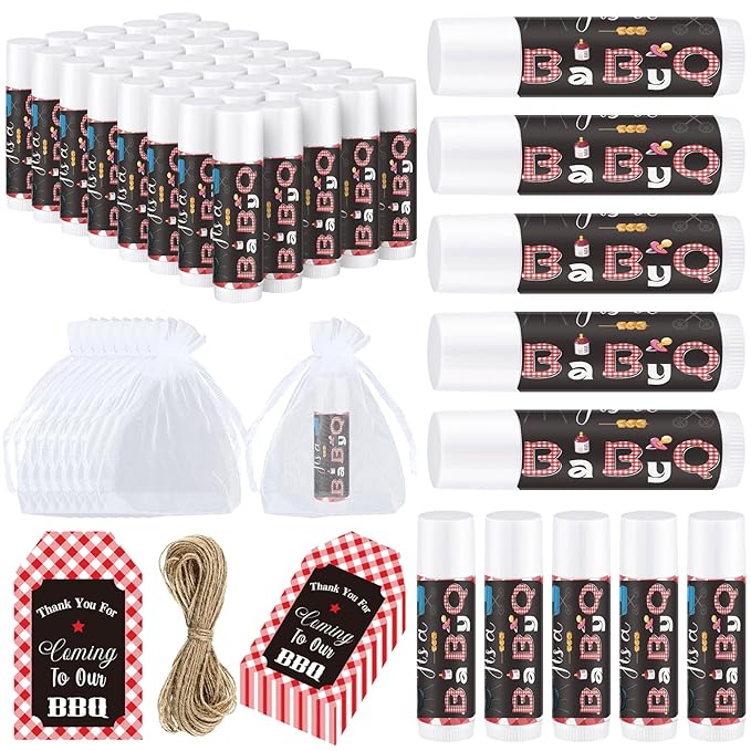 Demissle 50 Pcs Baby Shower Lip Balm Gift Set with 100 Pcs Organza Bags Baby Shower Party Favor for Guest Thank You Tag Rope Baby Shower Party Decoration Gender Reveal Souvenirs (Bbq)