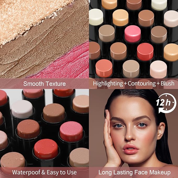 3 Pcs Face Contour Stick Kit, Matte Finish Face Stick Trio with Bronzer Blush Highlighter and Brush, Long Lasting Waterproof Cream Beauty Wand Makeup Set for Sculpt Glowing Face Look (#4, 10, 14)