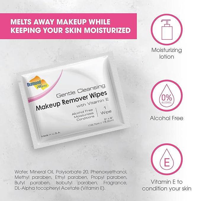 Diamond Wipes Face Cleansing and Waterproof Makeup Remover Wipes, Case of 250 Wipes, Alcohol Free Wipes with Vitamin E