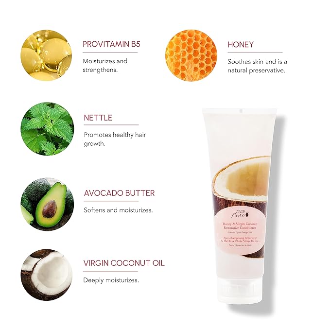100% PURE Honey & Virgin Coconut Restorative Conditioner Moisturizer & Repair Replenishing Nutrient Boost for Dry Damaged Hair, Promotes Healthy Growth for Women & Men - Sulfate Free - 8 Fl Oz