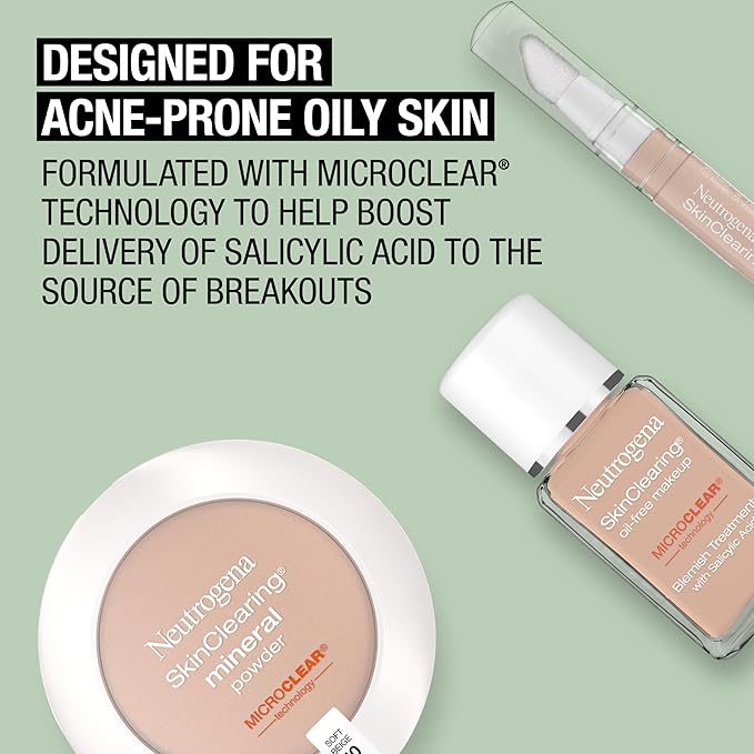 Neutrogena SkinClearing Mineral Acne-Concealing Pressed Powder Compact, Shine-Free & Oil-Absorbing Makeup with Salicylic Acid to Cover, Treat & Prevent Breakouts, Soft Beige 50,.38 oz