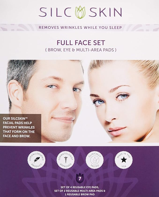 SilcSkin Full Face Set, Helps with Face & Brow Wrinkles from Sun Aging Side Sleeping, Reusable Self Adhesive Medical Grade Silicone, 1 Brow Pad, 4 Eye Pads, 2 Multi-Area Pads - 45 Day Supply