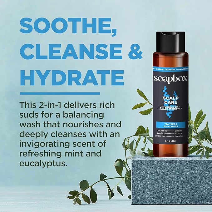 Soapbox Men's Scalp Care 2 in 1 Shampoo and Conditioner For Men, Natural Mens Shampoo and Conditioner, Tea Tree & Eucalyptus, 16oz