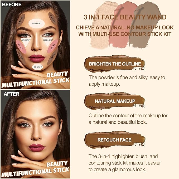 Lezero 3Pcs Contour Stick Makeup Kit, Shades with Highlighter, Blush and Bronzer Stick for Sculpt the Face and All Skin Type, Long Lasting, Smooth, Dewy & Matte Finish, MEDIUM