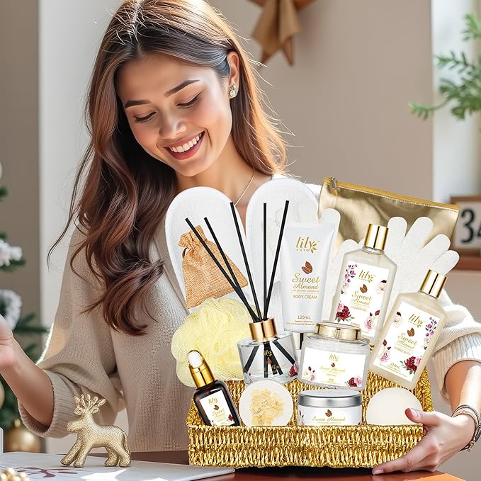 Mothers Day Gifts for Mom Spa Gift Basket Set for Women 17-Piece Almond Luxury Spa Gift Set Bath & Body Care Kit with Shower Gel, Body Cream | Valentine's, Christmas, Birthday Gifts for Her, Wife, Mom