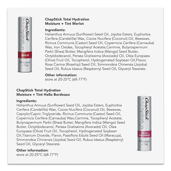 ChapStick Total Hydration Tinted Lip Balm Tubes and Lip Scrub Regimen Pack, Tinted Lip Moisturizer and Exfoliator - 0.12 Oz Lip Balm (4 Count) and 0.27 Oz Lip Scrub