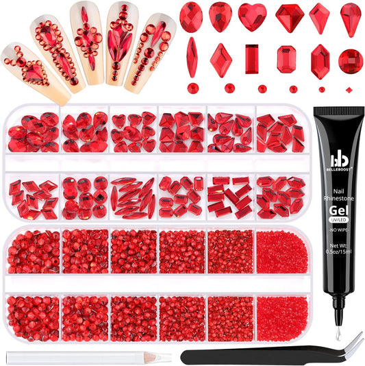 2680Pcs Red Glass Nail Rhinestones 120Pcs Multi Shapes Flatback Nail Gems + 2560Pcs 1.5-4mm Round Crystal with Rhinestones Glue Gel, Manicure Nail Charms Diamond Gemstones for Nail Art