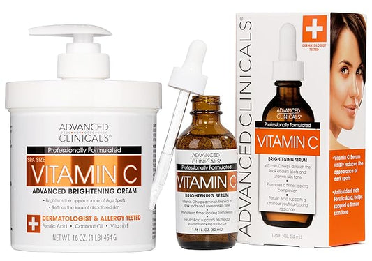 Advanced Clinicals Vitamin C Cream + Vitamin C Serum 2PC Skincare Set | Brightening Body Lotion & Facial Serum For Women & Men Helps Diminish Appearance Of Dark Spots, Wrinkles, & Uneven Skin Tone