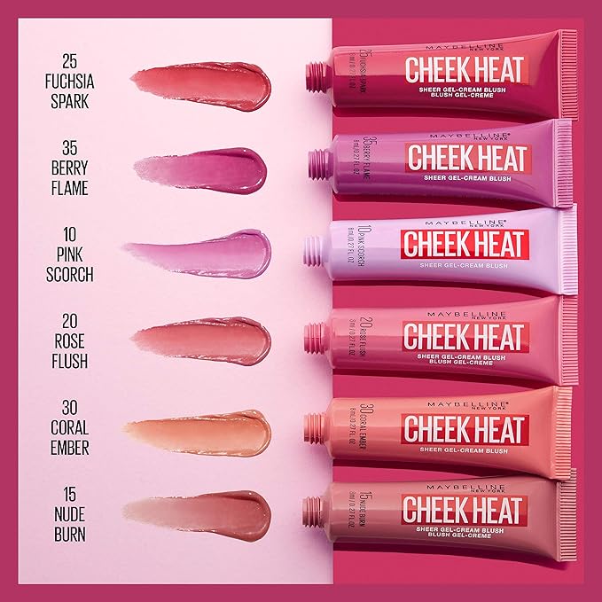 Maybelline Cheek Heat Gel-Cream Blush Makeup, Lightweight, Breathable Feel, Sheer Flush Of Color, Natural-Looking, Dewy Finish, Oil-Free, Berry Flame, 1 Count