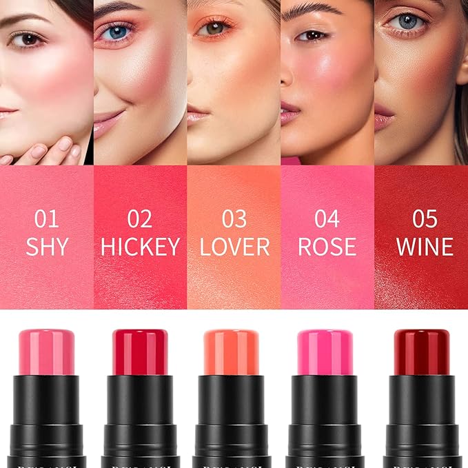 Matte Blush Stick with Built in Brush for Cheeks Summer,Ultra Pigmented Color Pop Makeup Dark Red Blush for Cheeks/Lip/Eyes,DE’LANCI Makeup Gifts for Women/Girl,Travel Size Cute Blush,Cruelty-Free #5