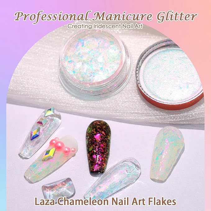 Laza Monet Garden Chameleon Flakes Nail Glitter Irregular Opal Nail Foil Flakes Chunky Confetti Color-Shift Sequins Iridescent Fairy Dust for Mermaid Nails Design, Nail Decorations for Nail Art