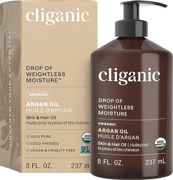 Cliganic Organic Argan Oil 8oz with Pump, 100% Pure - for Hair, Face & Skin (Packaging May Vary)