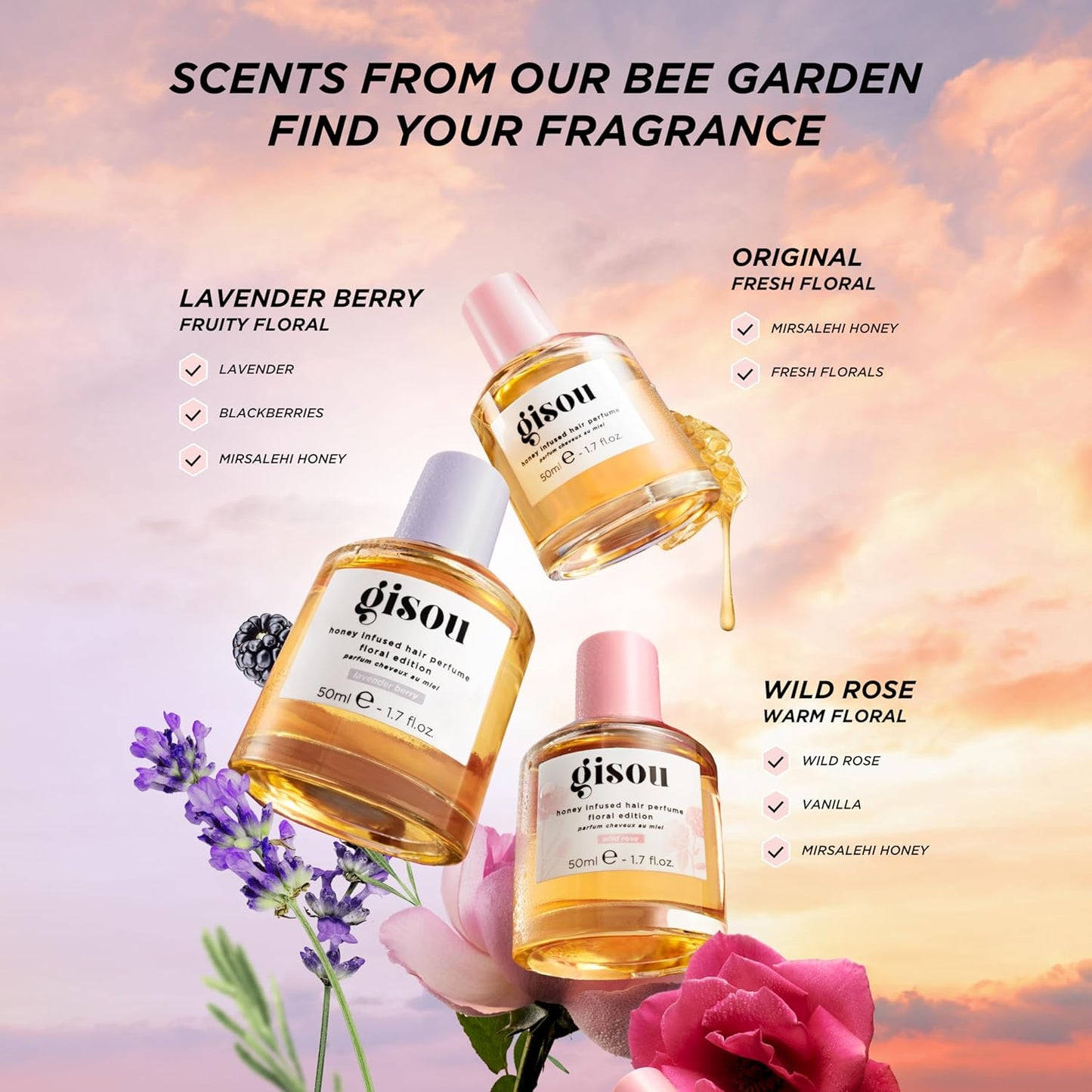 Gisou Honey Infused Hair Perfume, A Delicate Hair Fragrance with Sweet Notes of Honey Blended into Spring Florals, Nourishing and Hydrating Hair Shine Spray (1.7 fl oz)