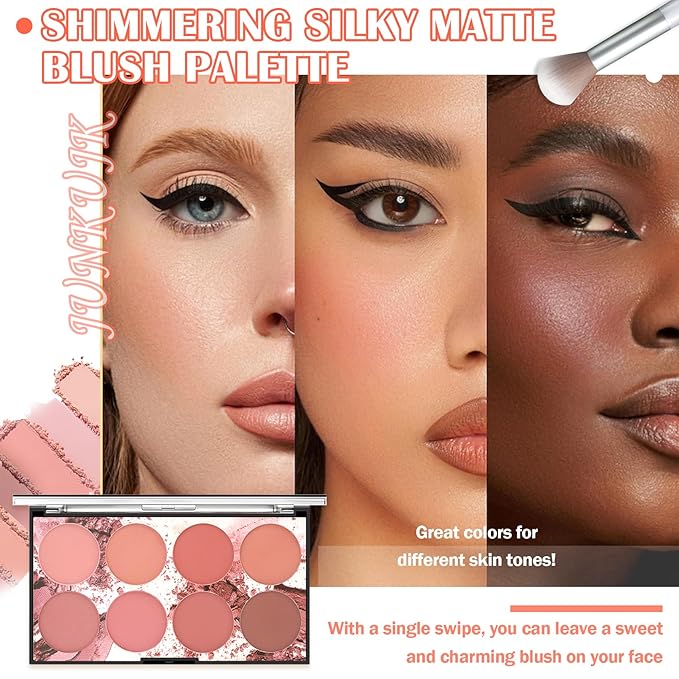 8 Colors Blush Palette,Shimmer Silky Matte Blush Powder Palette,Professional Cute Face Contour Highlighter Blush Palette with Blush Makeup Brush