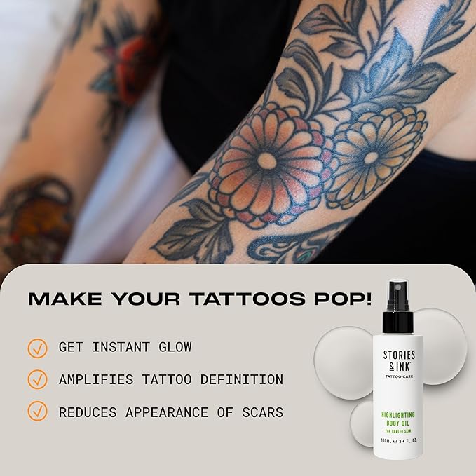 Stories & Ink Tattoo Care | HIGHLIGHTING BODY OIL for healed skin - Refreshes Faded Tattoos for Instant Tattoo Glow, 100 mL / 3.4 Fl Oz