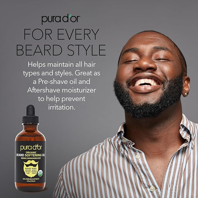 PURA D'OR 4 Oz ORGANIC Beard Softening Oil - Original Sandalwood Scent - Leave-In Conditioner, Argan & Jojoba Oil - Mustache Care & Maintenance, Increase Softness & Strength - Beard Hair, Skin & Face