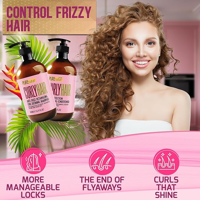 Curly Hair Shampoo and Conditioner Set - Sulfate Free and Color Safe - For Wavy, Frizzy, Fine, Black and Permed Styles - Moisturizing for Men and Women - Deep Curl Hydrating Products with Argan Oil