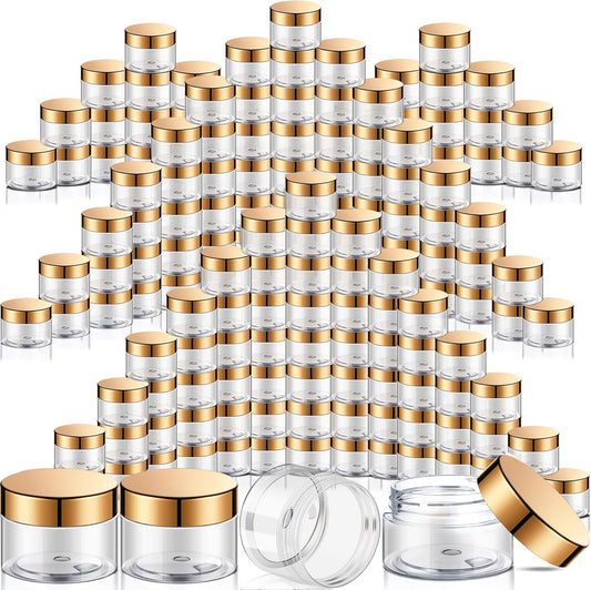 SATINIOR 100 Pcs Plastic Jars with Lids Small Containers Lids Wide Mouth Small Plastic Containers for Lotion Cream Rhinestones Body Butters Travel Storage(1 oz,Gold)