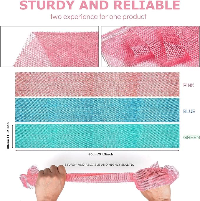 UJFQBH 3 Pieces African exfoliating net African Net Long Net Bath Sponge Exfoliating Shower Body Scrubber Back Scrubber Skin Smoother,Great for Daily Use (Pink, Blue, Green)