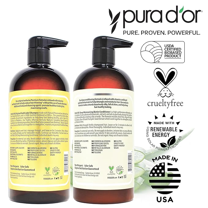 PURA D'OR Anti-Thinning Biotin Shampoo & Deep Moisturizing Conditioner Original Gold Label Set (24oz x2) Natural Earthy Scent, CLINICALLY TESTED Effective Results, Hair Thickening Product, Women & Men