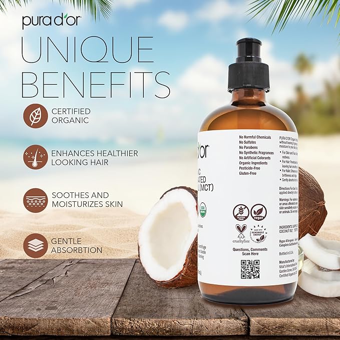 PURA D'OR 16.9 Oz ORGANIC Fractionated Coconut Oil MCT Oil (GLASS BOTTLE) 100% Pure & Natural USDA Certified Cold Pressed - Unscented, Hexane Free Moisturizer For Face, Skin & Hair Tonic - Men & Women