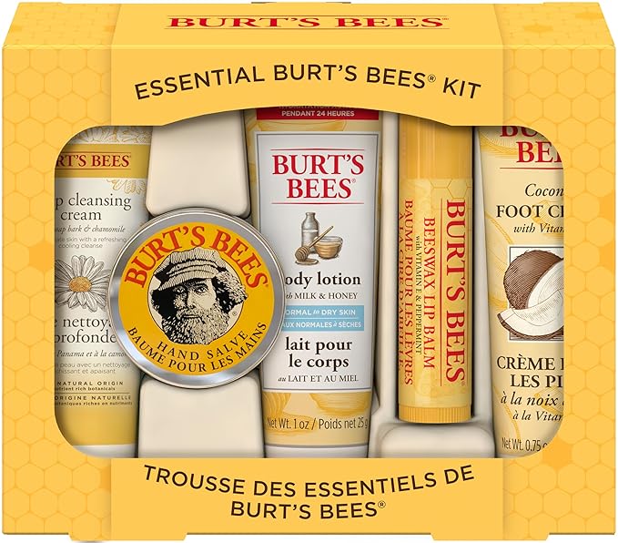 Burt's Bees Back to School Gifts Ideas, 5 Body Care College Dorm Products, Everyday Essentials Set - Original Beeswax Lip Balm, Deep Cleansing Cream, Hand Salve, Body Lotion & Foot Cream, Travel Size