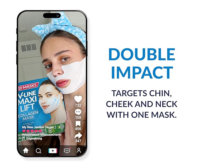 Stylia MaxiLift V-Line Lifting Collagen Face Mask – Enhanced Double Chin Reducer – Jawline Shaper Face Lifting Masks – Firming Neck Lift Collagen Mask – Chin Strap for Sleeping – Hyaluronic, Aloe 5PC