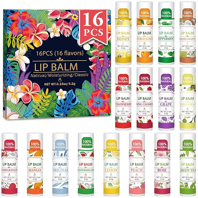 16 Pack Lip Balm, 100% Natural Lip Balm Bulk with Vitamin E and Coconut Oil, Moisturizing Lip Balm for Dry Lips - 16 Flavors