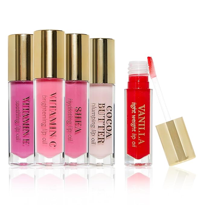 Enchante Beauty Intuition 5-Piece Plumping Lip Oil Set - 5ML Each | Lightweight, Hydrating and Soothing with Elegant Embossing