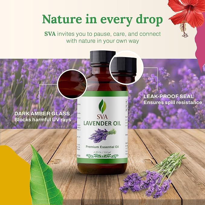 SVA Lavender Essential Oil – 4 Fl Oz – 100% Natural Lavender Oil - for Diffuser, Hair Care, Face, Skin Care, Aromatherapy, Scalp and Body Massage, Soap and Candle Making – with Dropper