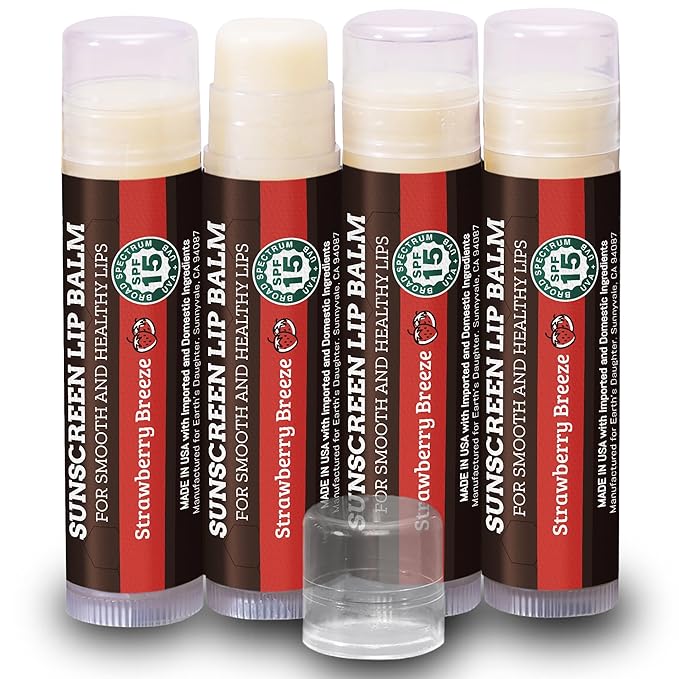 SPF Lip Balm 4-Pack by Earth's Daughter - Lip Sunscreen, SPF 15, Organic Ingredients, Strawberry Flavor, Beeswax, Coconut Oil, Vitamin E - Hypoallergenic, Paraben Free, Gluten Free