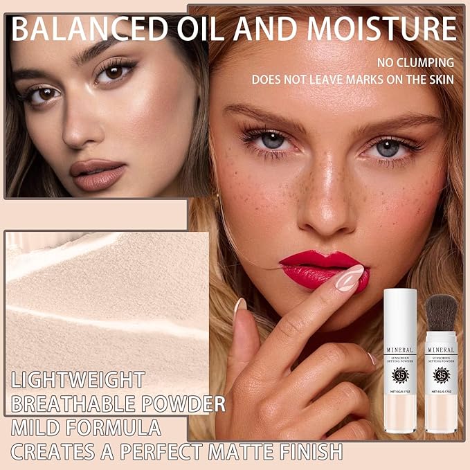 Mineral Sunscreen Setting Powder, SPF 35 Translucent Loose Powder, Mineral Brush Powder, Oil Control Natural Matte Finish, Lasting Lightweight Breathable for All Skin (#01 Translucent)