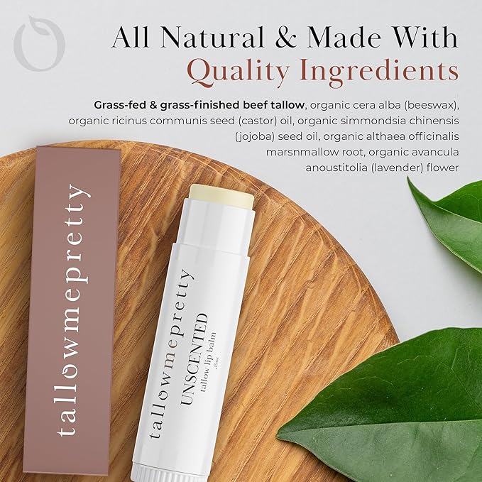 Unscented Lip Balm, Ultra-Soothing, Deeply Hydrating Tallow Lip Balm with Grass Fed Beef Tallow, Beeswax, Jojoba Oil & More, Non Toxic Lip Care, Made in the USA, 0.15 Oz.