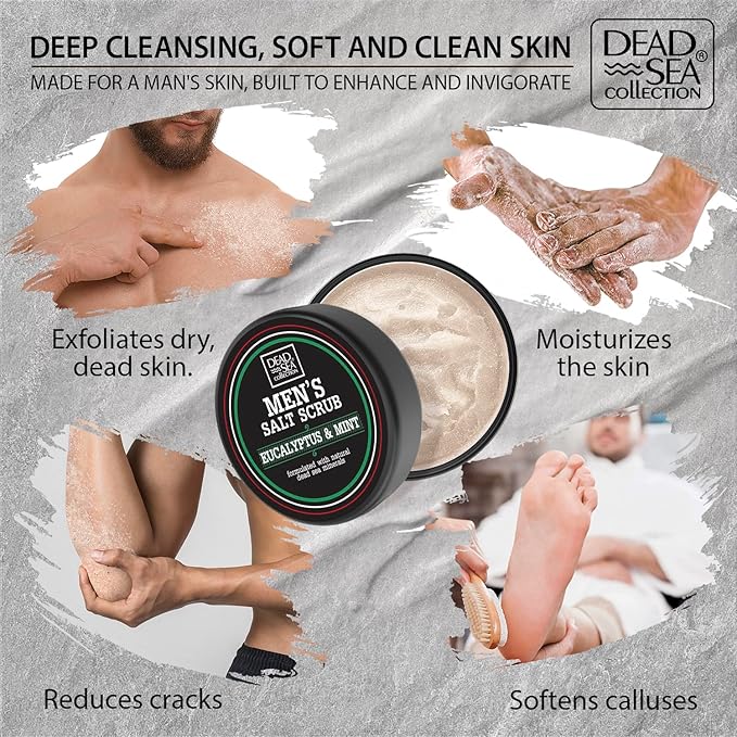 Salt Body Scrub Eucalyptus & Mint For Men– Moisturizes, Exfoliates & Nourishes Skin – Cleanses & Detoxifies with Dead Sea Minerals – Dead Sea Collection - 23.28 OZ