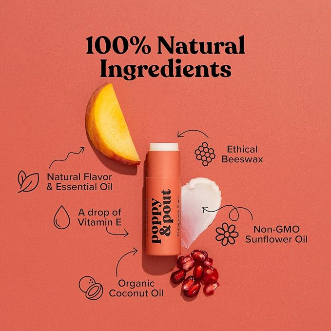 Poppy & Pout Pomegranate Peach Jumbo Lip Balm | All Natural Lip Balms & Moisturizers | Hydrates with Beeswax, Vitamin E, Organic Coconut Oil | Cruelty-Free | Lip Balm in Recyclable Cardboard Tube