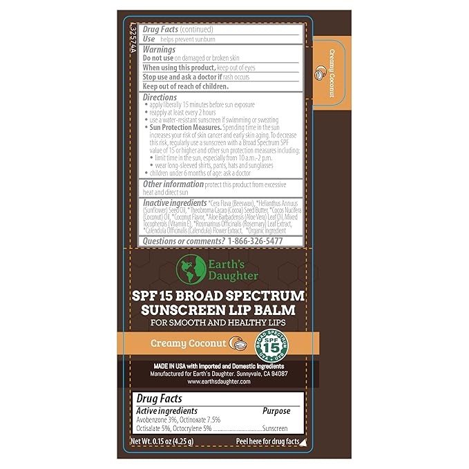 SPF Lip Balm 4-Pack by Earth's Daughter - Lip Sunscreen, SPF 15, Organic Ingredients, Coconut Flavor, Beeswax, Coconut Oil, Vitamin E - Hypoallergenic, Paraben Free, Gluten Free, New
