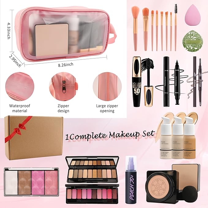 All In One Multipurpose Makeup Kit for Women,Travel Makeup Set,Makeup Gift Full Kit,Includes Foundation Eyeshadow Palette Lipstick Mascara Eyeliner Blusher Cosmetic Brush Set with Makeup Bag-Set B