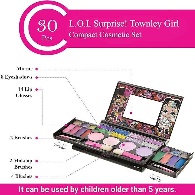 LOL Surprise Cosmetic Compact Set Includes Mirror, 14 Lip glosses, 8 Eye Shadow, 4 Blushes & 4 Brushes Safe & Non-Toxic Colorful Portable Foldable Makeup Beauty Kit for Girls, Townley Girl