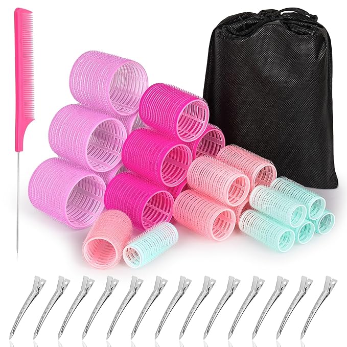 Acejoz Hair Rollers Set for Blowout Look, 38 Pcs Self Grip Hair Rollers with 4 Sizes, 12 Pcs Hair Clips, Comb, Storage Bag for Long, Medium, Short, Thick Hair Volume (Multicolor)