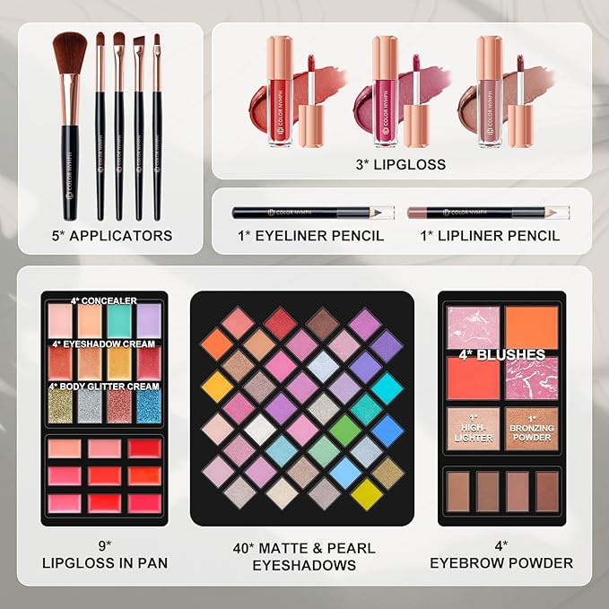 Makeup Kit for Women,All in One Makeup Gift Set for Girls in Cosmetic Train Case (Black) With Mirror,Full Cosmetic Kit Includes Eyeshadow Palette,Lipgloss,Blushes,Pencil,Brush Applicators