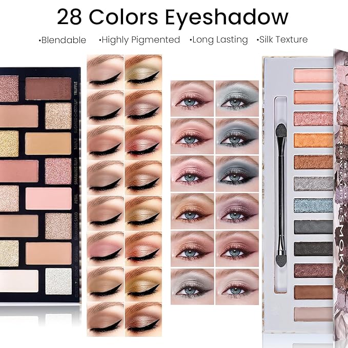 Makeup Present Set for Teen Girl Women, Travel Makeup Kit, Makeup Full Kit for Beginner, Makeup Bundle Include 2 Matte & Shimmer Eyeshadow Palettes, Liquid Glitter Eyeshadow & Eyeliner