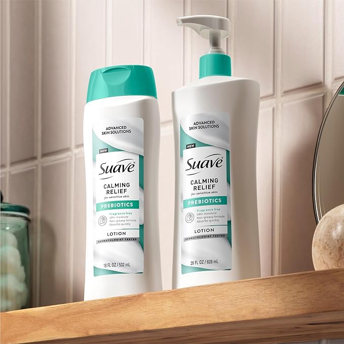 Suave Calming Relief Hand & Body Lotion for Women With Prebiotics For Sensitive Skin, Fragrance & Allergen Free, Helps Restore Skin's Moisture Barrier, 18 FL OZ, 6 Pack