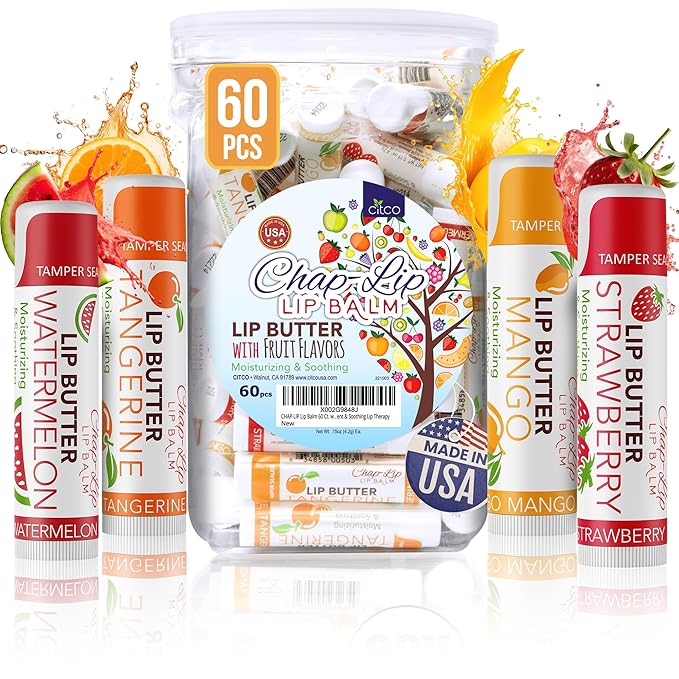 CHAP-LIP Original Lip Balm Hydrating Bulk Chap Stick with Fruit Flavors, Coconut Oil, and Cocoa Butter - Lip Therapy Pack for Men and Women - Gift Set Made in the USA, 60 Pack