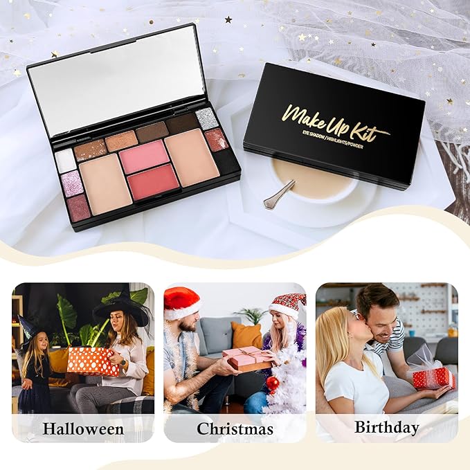 Makeup Palette Set, Makeup Kit for Women, 19 Color Makeup Set Include Matte Glitter Eyeshadow, Contour, Highlighter, Concealer, Eyebrow Powder, Blush, Mirror, Makeup Brush, Sponge