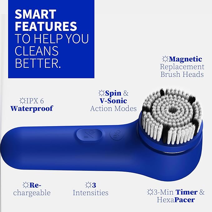 Premium Face Scrubber, Deep Pore Cleansing Brush, Waterproof & Rechargeable Face Scrub Brush for Men& Women, Electric Facial Exfoliator with 3 Brushes, 3 Intensities, 2 Modes with Eye Rollor - Azure