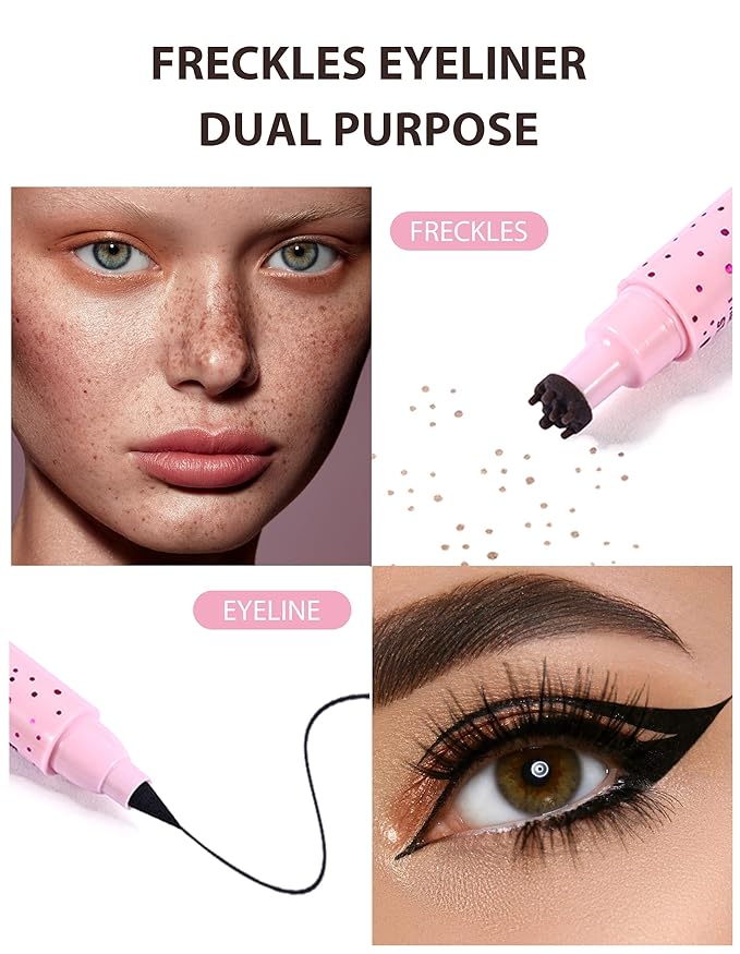 Erinde Waterproof Freckle Stamp Pen, Dual Ended Fake Freckle & Black Liquid Eyeliner, Long Lasting Quick Dry Faux Freckles Stamp Freck Pen for Natural Sunkissed Makeup, B1 LIGHT